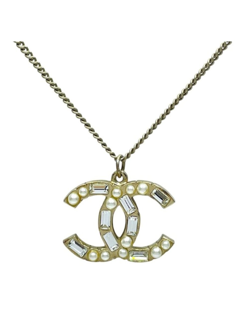 Chanel 09A Pendant CC Logo Rhinestone Gold Plated Necklace